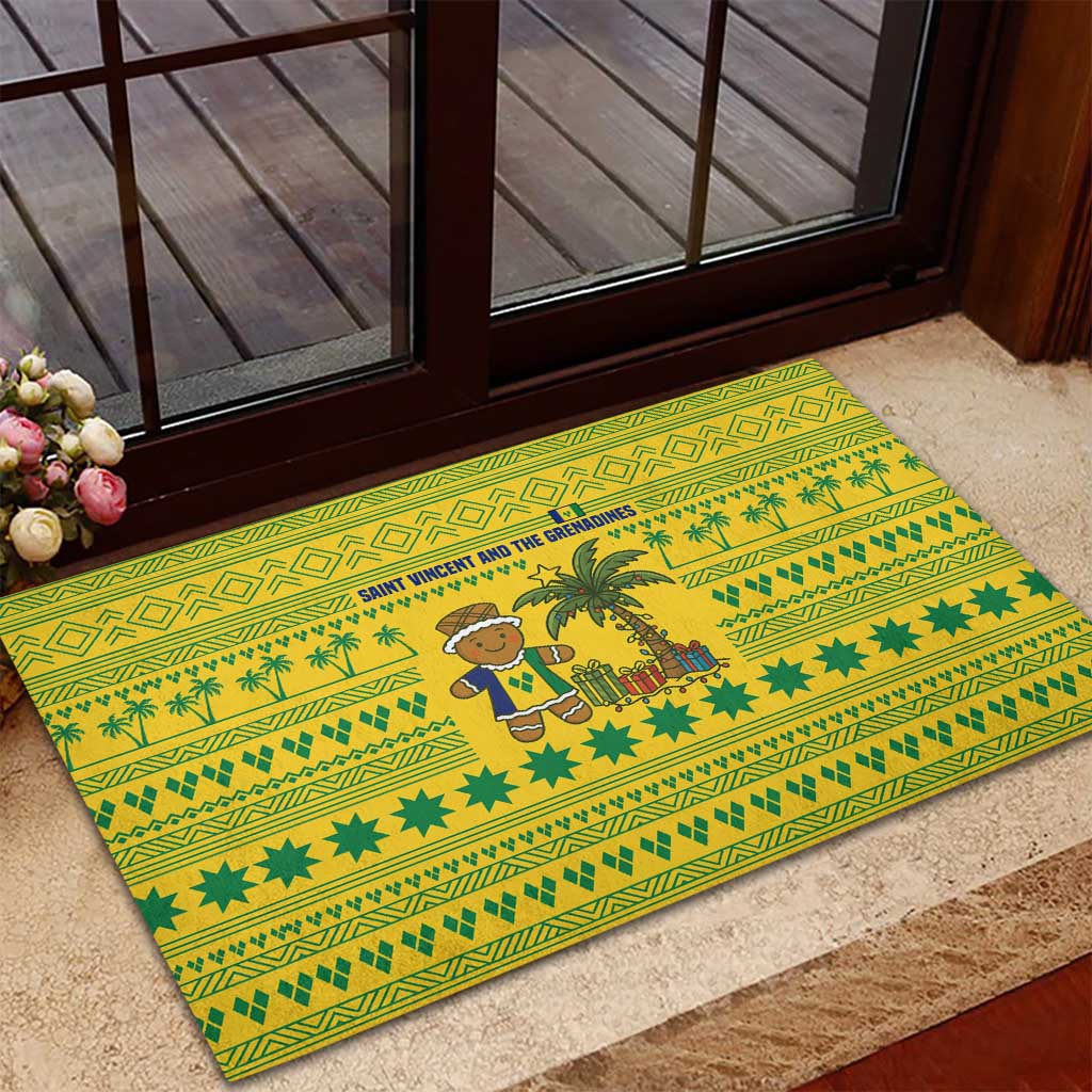 Saint Vincent and the Grenadines Christmas Rubber Doormat with Gingerbread Boy Palm Tree and Traditional Pattern - Wonder Print Shop