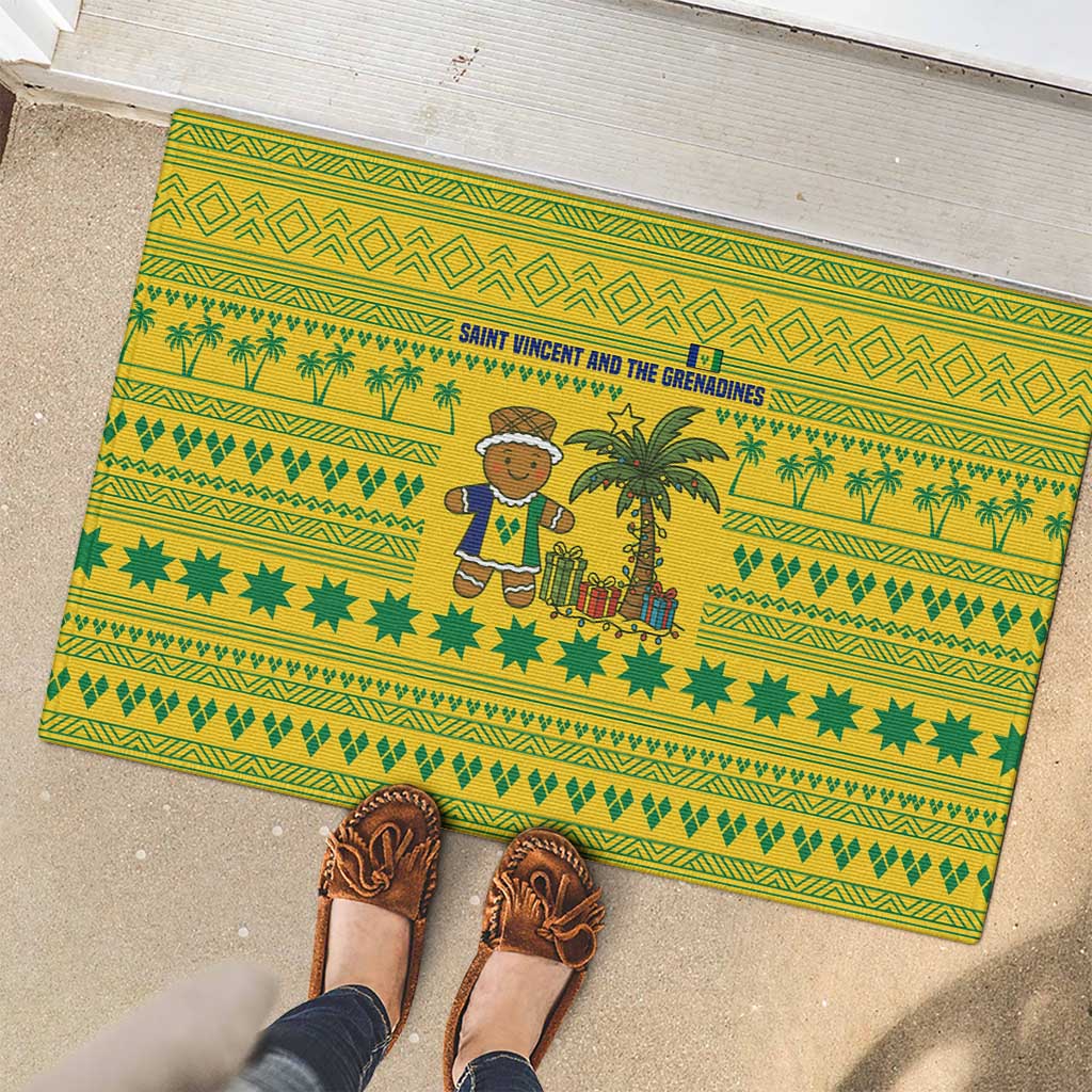 Saint Vincent and the Grenadines Christmas Rubber Doormat with Gingerbread Boy Palm Tree and Traditional Pattern - Wonder Print Shop