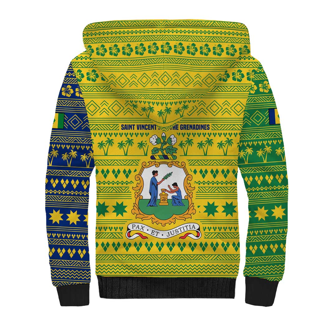Saint Vincent and the Grenadines Christmas Sherpa Hoodie with Gingerbread Boy Palm Tree and Traditional Pattern - Wonder Print Shop