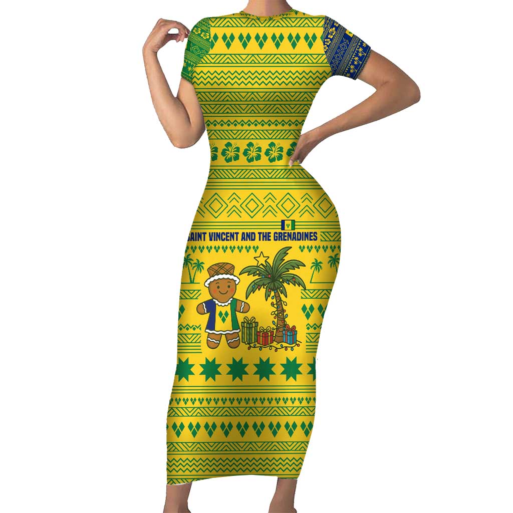 Saint Vincent and the Grenadines Christmas Short Sleeve Bodycon Dress with Gingerbread Boy Palm Tree and Traditional Pattern - Wonder Print Shop