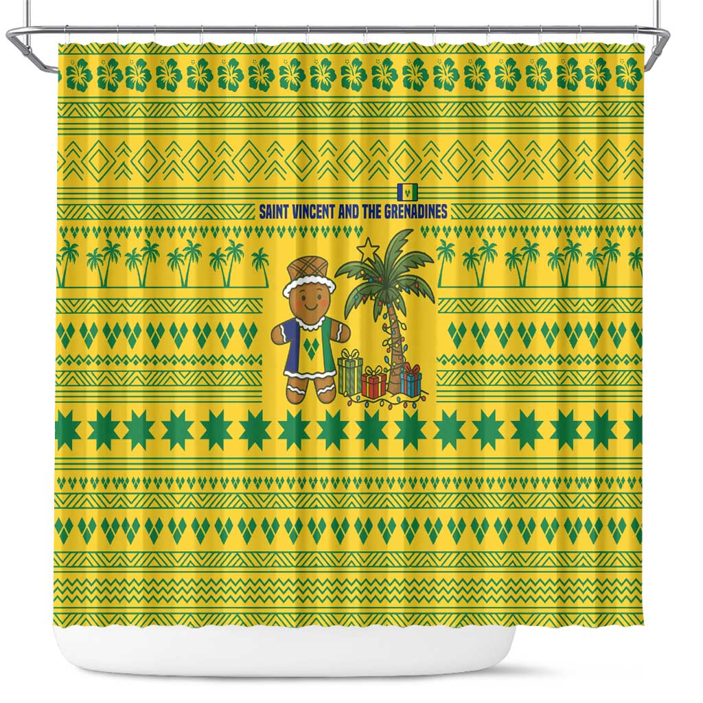 Saint Vincent and the Grenadines Christmas Shower Curtain with Gingerbread Boy Palm Tree and Traditional Pattern - Wonder Print Shop