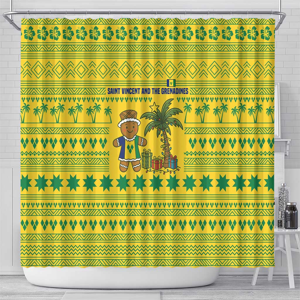 Saint Vincent and the Grenadines Christmas Shower Curtain with Gingerbread Boy Palm Tree and Traditional Pattern - Wonder Print Shop