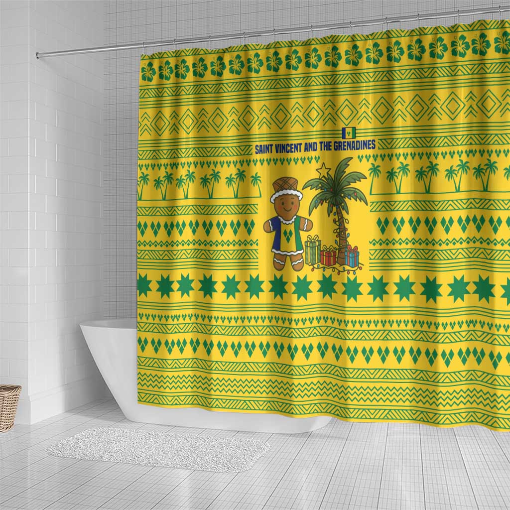 Saint Vincent and the Grenadines Christmas Shower Curtain with Gingerbread Boy Palm Tree and Traditional Pattern - Wonder Print Shop