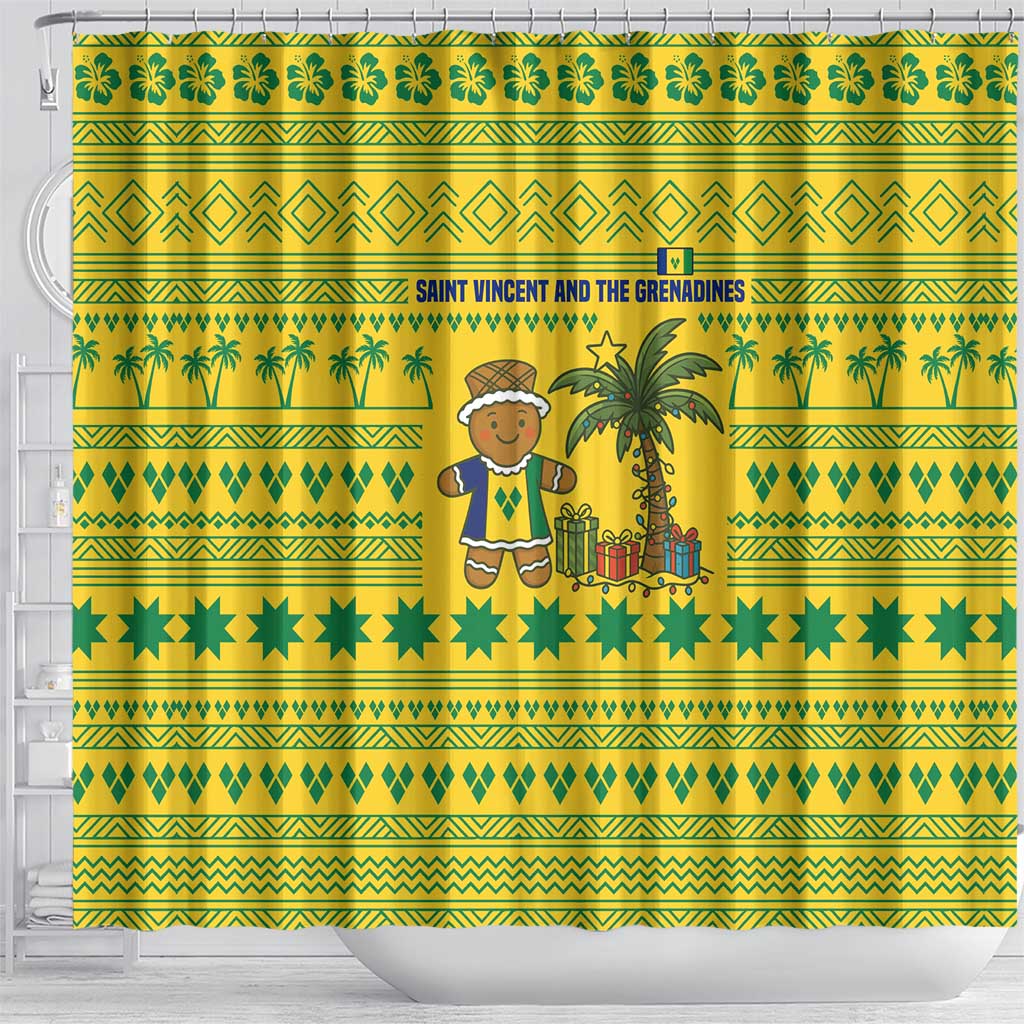 Saint Vincent and the Grenadines Christmas Shower Curtain with Gingerbread Boy Palm Tree and Traditional Pattern - Wonder Print Shop