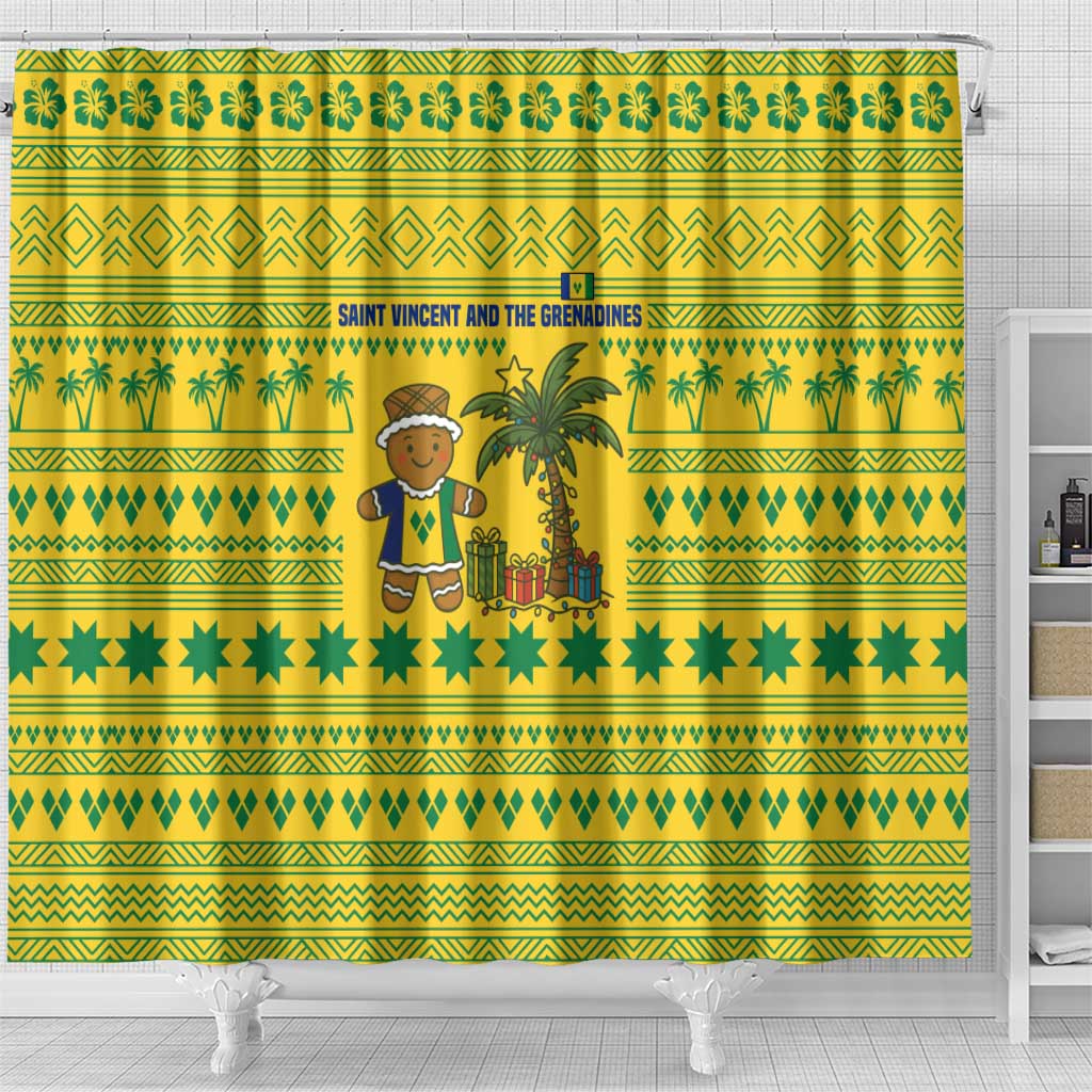 Saint Vincent and the Grenadines Christmas Shower Curtain with Gingerbread Boy Palm Tree and Traditional Pattern - Wonder Print Shop
