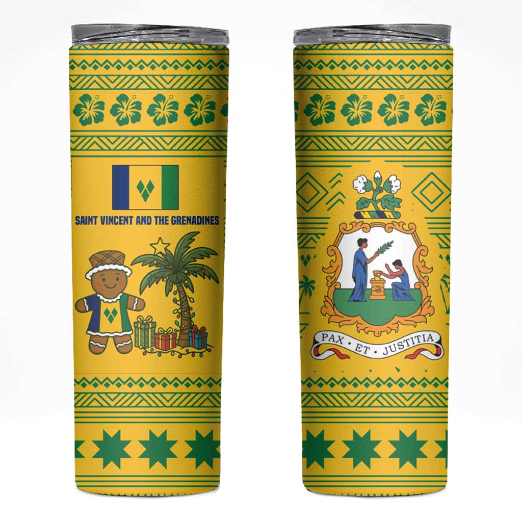 Saint Vincent and the Grenadines Christmas Skinny Tumbler with Gingerbread Boy Palm Tree and Traditional Pattern - Wonder Print Shop