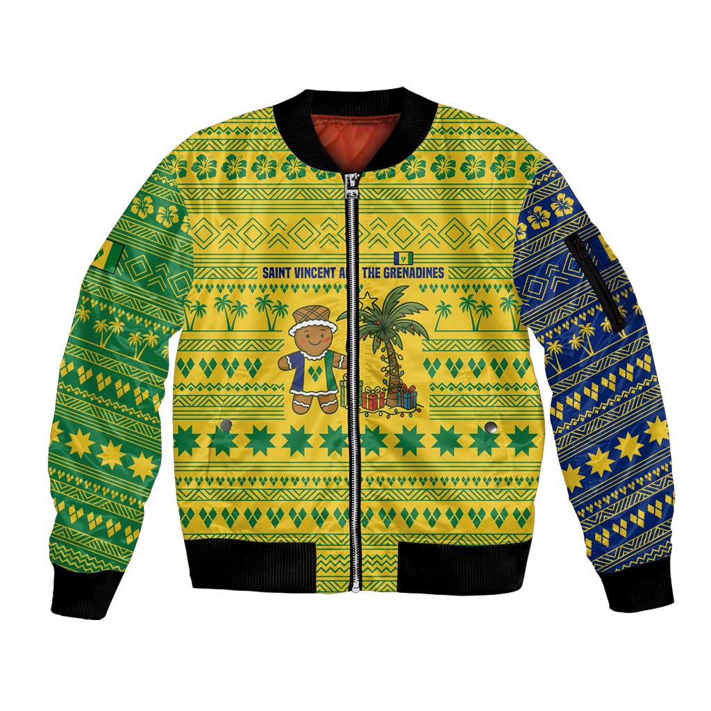 Saint Vincent and the Grenadines Christmas Sleeve Zip Bomber Jacket with Gingerbread Boy Palm Tree and Traditional Pattern - Wonder Print Shop