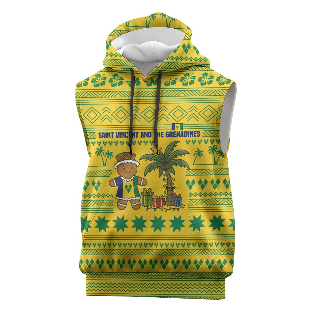 Saint Vincent and the Grenadines Christmas Sleeveless Hoodie with Gingerbread Boy Palm Tree and Traditional Pattern - Wonder Print Shop