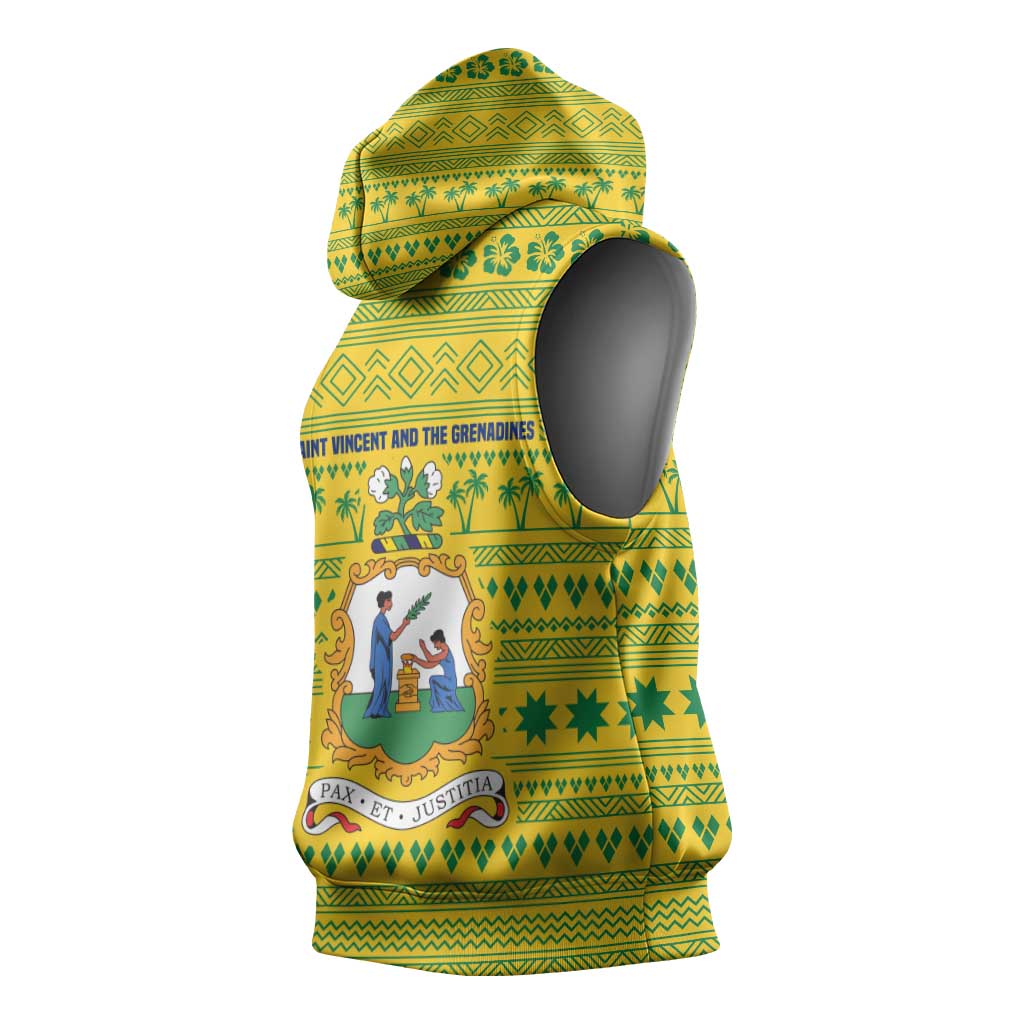 Saint Vincent and the Grenadines Christmas Sleeveless Hoodie with Gingerbread Boy Palm Tree and Traditional Pattern - Wonder Print Shop