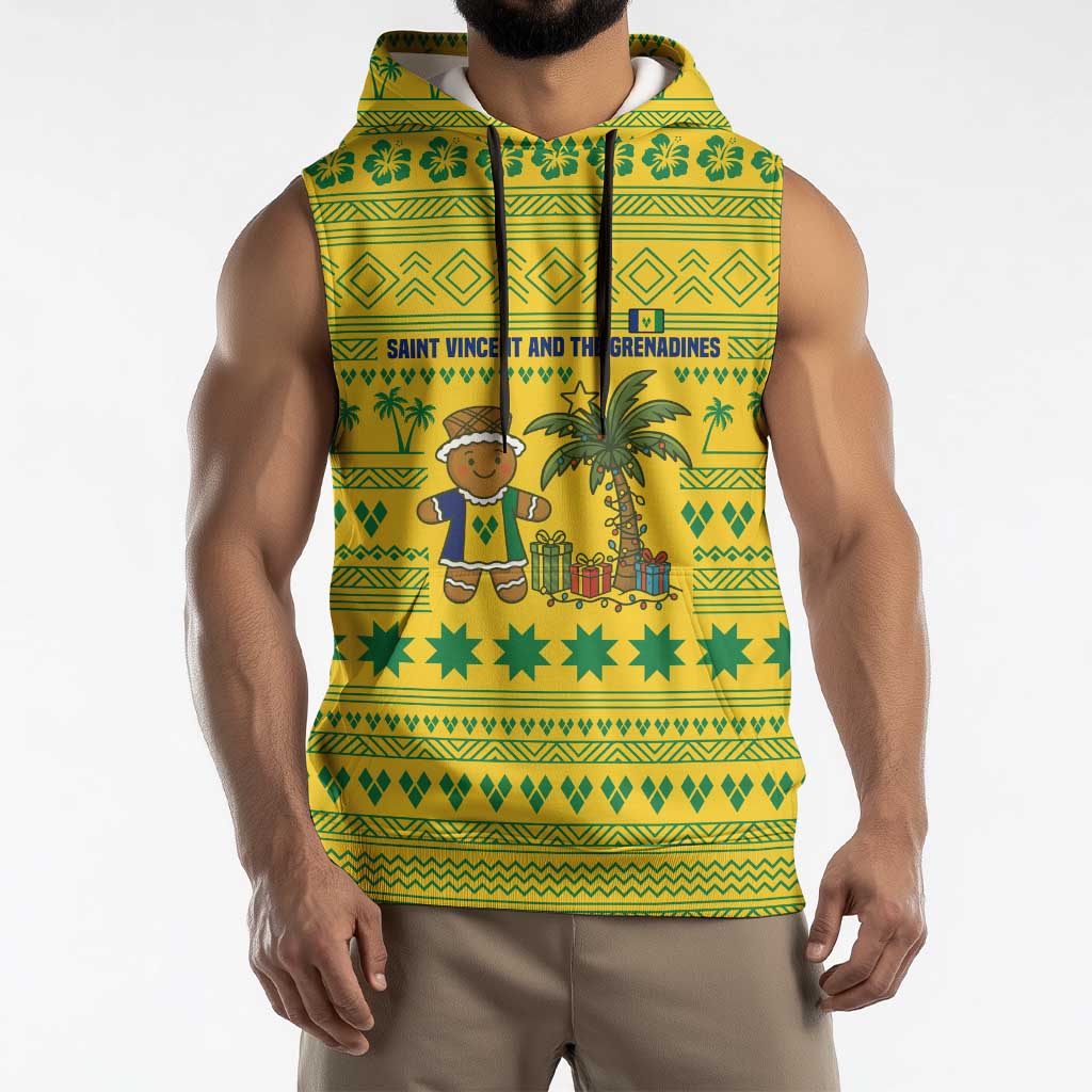 Saint Vincent and the Grenadines Christmas Sleeveless Hoodie with Gingerbread Boy Palm Tree and Traditional Pattern - Wonder Print Shop