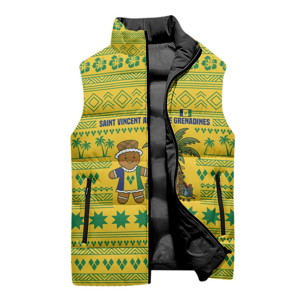 Saint Vincent and the Grenadines Christmas Sleeveless Puffer Jacket with Gingerbread Boy Palm Tree and Traditional Pattern - Wonder Print Shop