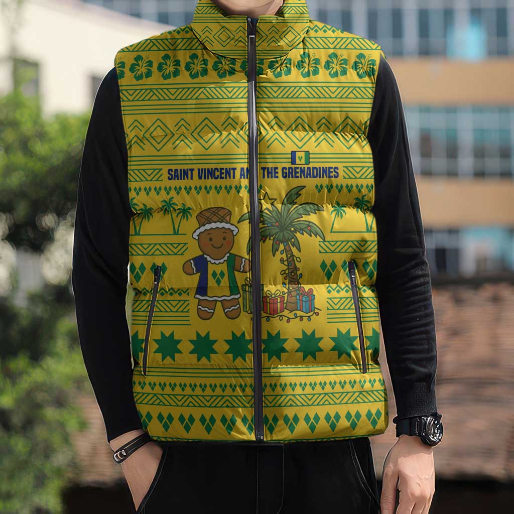 Saint Vincent and the Grenadines Christmas Sleeveless Puffer Jacket with Gingerbread Boy Palm Tree and Traditional Pattern - Wonder Print Shop