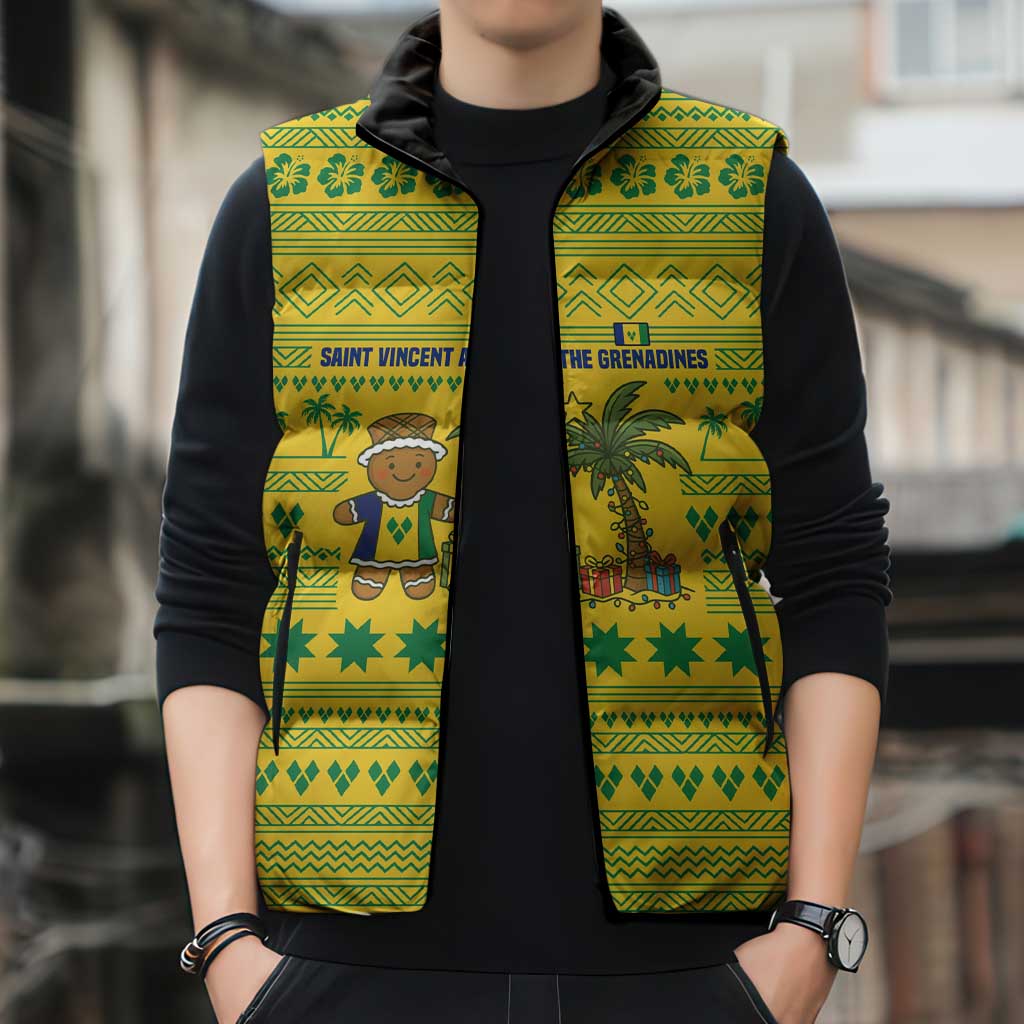 Saint Vincent and the Grenadines Christmas Sleeveless Puffer Jacket with Gingerbread Boy Palm Tree and Traditional Pattern - Wonder Print Shop