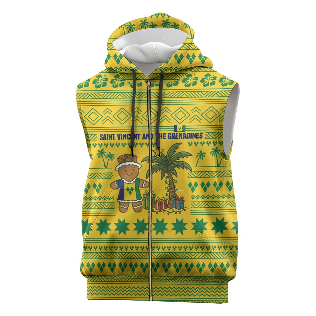 Saint Vincent and the Grenadines Christmas Sleeveless Zip Hoodie with Gingerbread Boy Palm Tree and Traditional Pattern - Wonder Print Shop