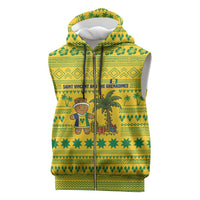 Saint Vincent and the Grenadines Christmas Sleeveless Zip Hoodie with Gingerbread Boy Palm Tree and Traditional Pattern - Wonder Print Shop