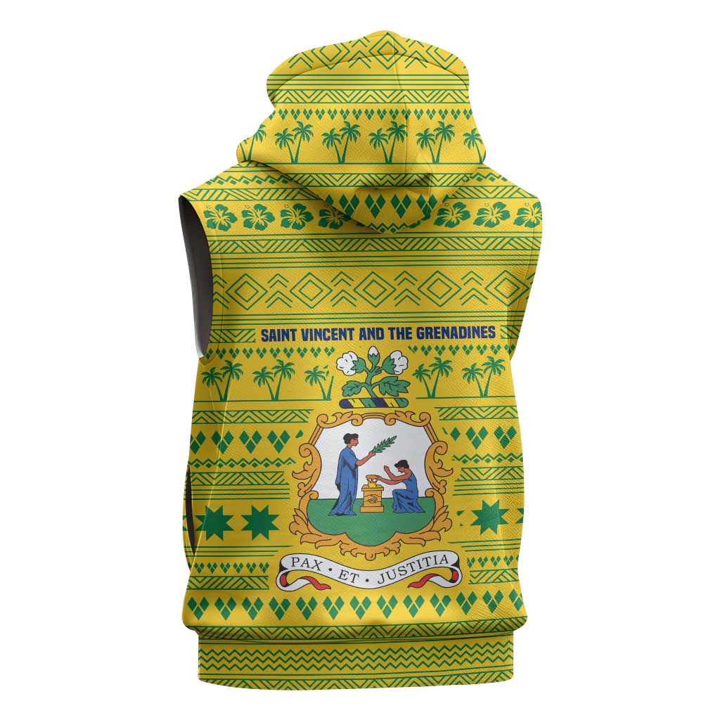 Saint Vincent and the Grenadines Christmas Sleeveless Zip Hoodie with Gingerbread Boy Palm Tree and Traditional Pattern - Wonder Print Shop