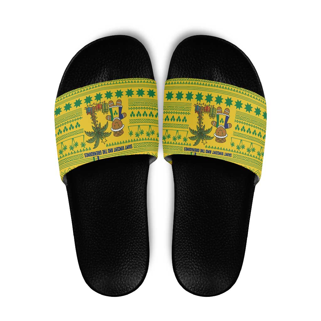 Saint Vincent and the Grenadines Christmas Slide Sandals with Gingerbread Boy Palm Tree and Traditional Pattern - Wonder Print Shop