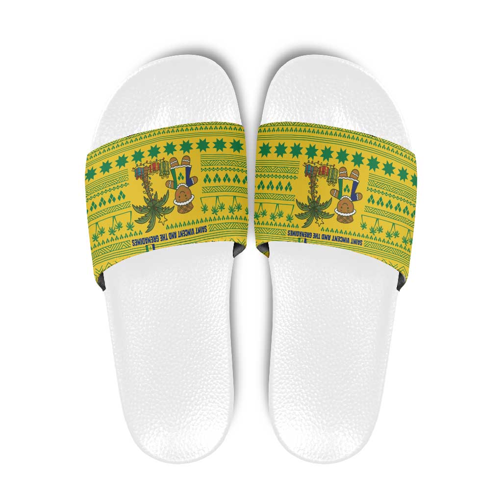 Saint Vincent and the Grenadines Christmas Slide Sandals with Gingerbread Boy Palm Tree and Traditional Pattern - Wonder Print Shop