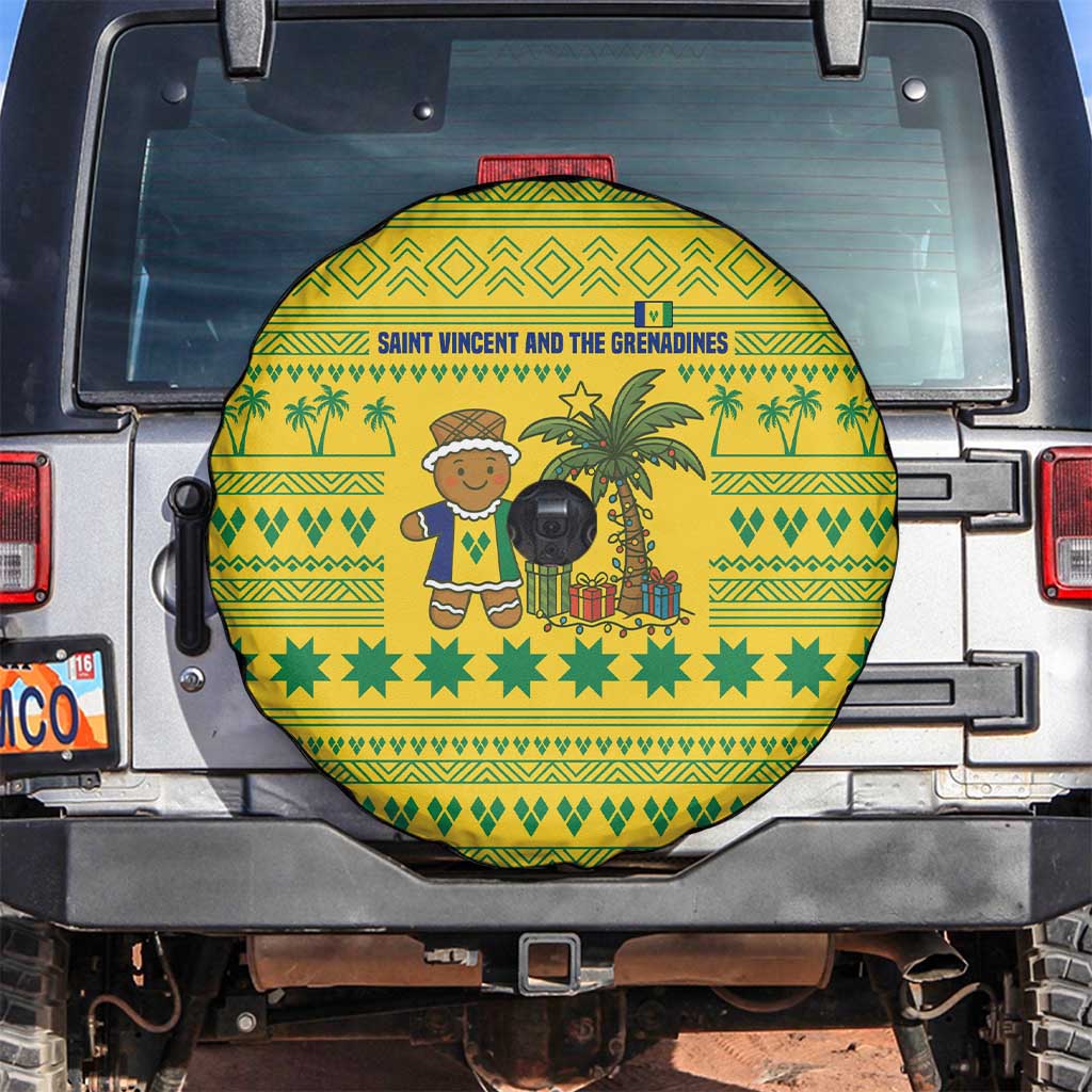 Saint Vincent and the Grenadines Christmas Spare Tire Cover with Gingerbread Boy Palm Tree and Traditional Pattern - Wonder Print Shop