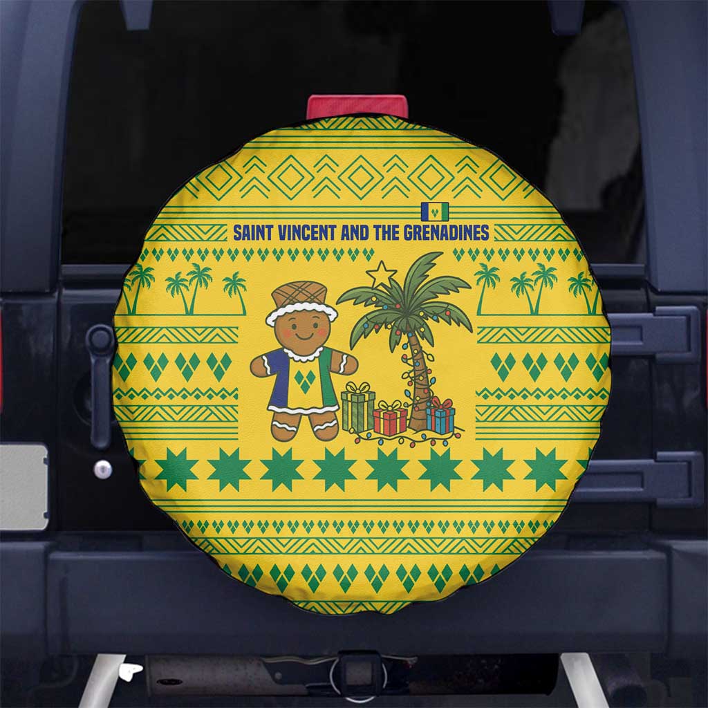 Saint Vincent and the Grenadines Christmas Spare Tire Cover with Gingerbread Boy Palm Tree and Traditional Pattern - Wonder Print Shop