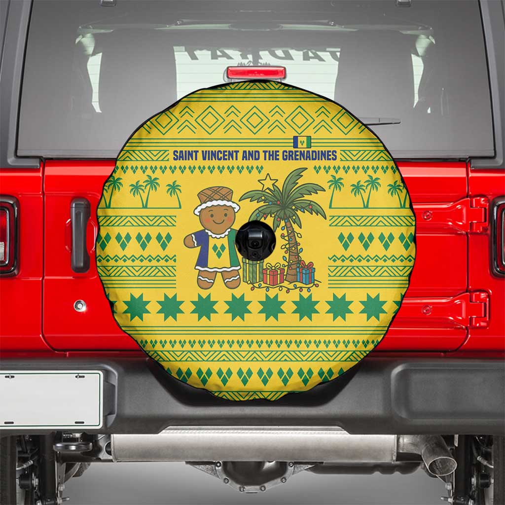 Saint Vincent and the Grenadines Christmas Spare Tire Cover with Gingerbread Boy Palm Tree and Traditional Pattern - Wonder Print Shop