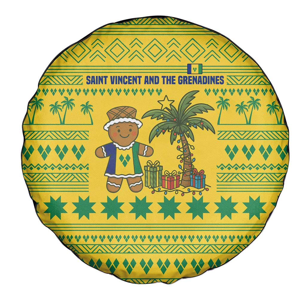 Saint Vincent and the Grenadines Christmas Spare Tire Cover with Gingerbread Boy Palm Tree and Traditional Pattern - Wonder Print Shop