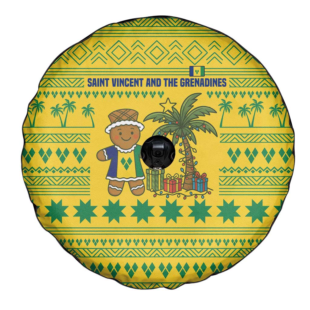 Saint Vincent and the Grenadines Christmas Spare Tire Cover with Gingerbread Boy Palm Tree and Traditional Pattern - Wonder Print Shop