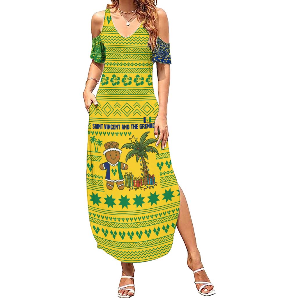 Saint Vincent and the Grenadines Christmas Summer Maxi Dress with Gingerbread Boy Palm Tree and Traditional Pattern - Wonder Print Shop