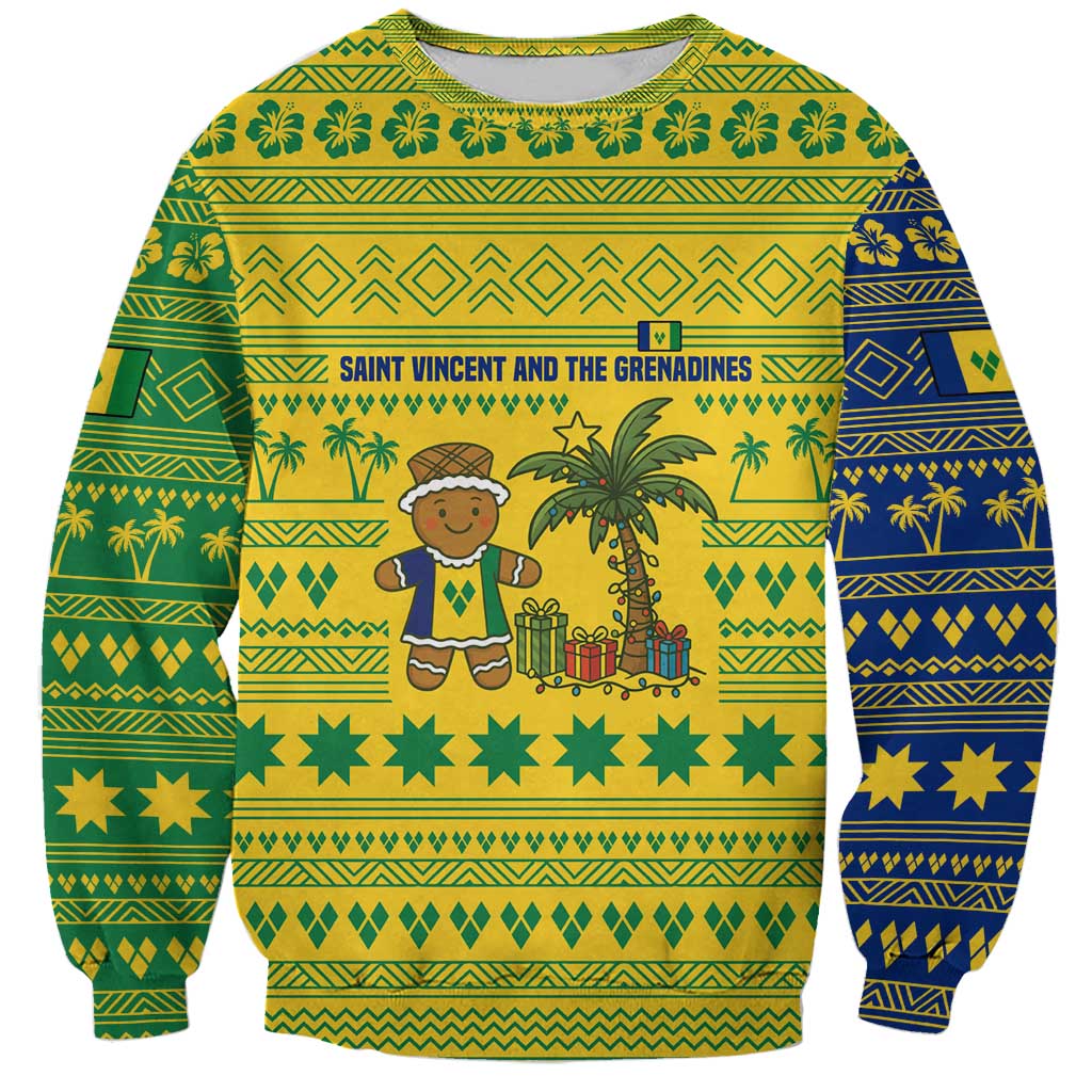 Saint Vincent and the Grenadines Christmas Sweatshirt with Gingerbread Boy Palm Tree and Traditional Pattern - Wonder Print Shop