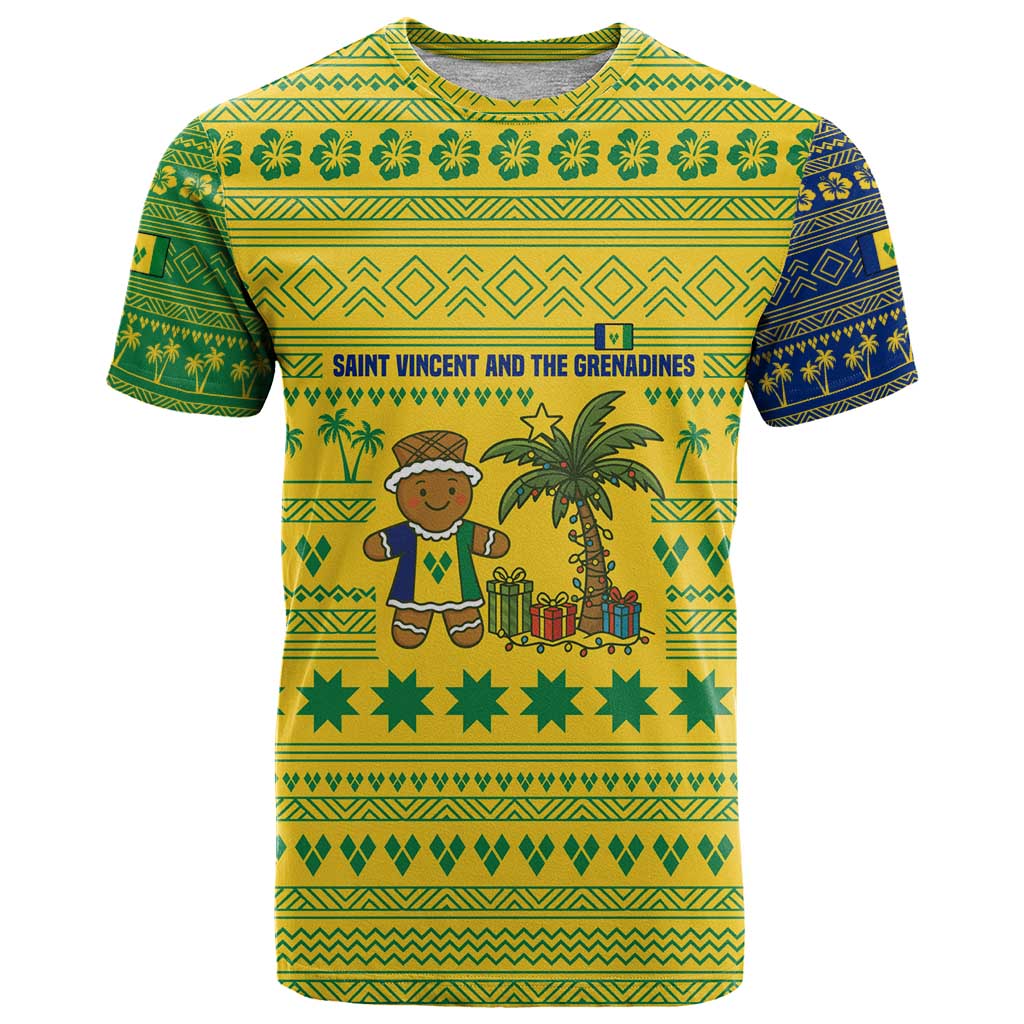 Saint Vincent and the Grenadines Christmas T Shirt with Gingerbread Boy Palm Tree and Traditional Pattern - Wonder Print Shop