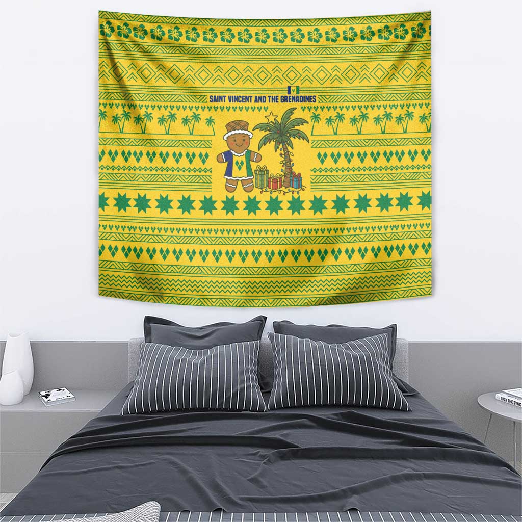 Saint Vincent and the Grenadines Christmas Tapestry with Gingerbread Boy Palm Tree and Traditional Pattern - Wonder Print Shop