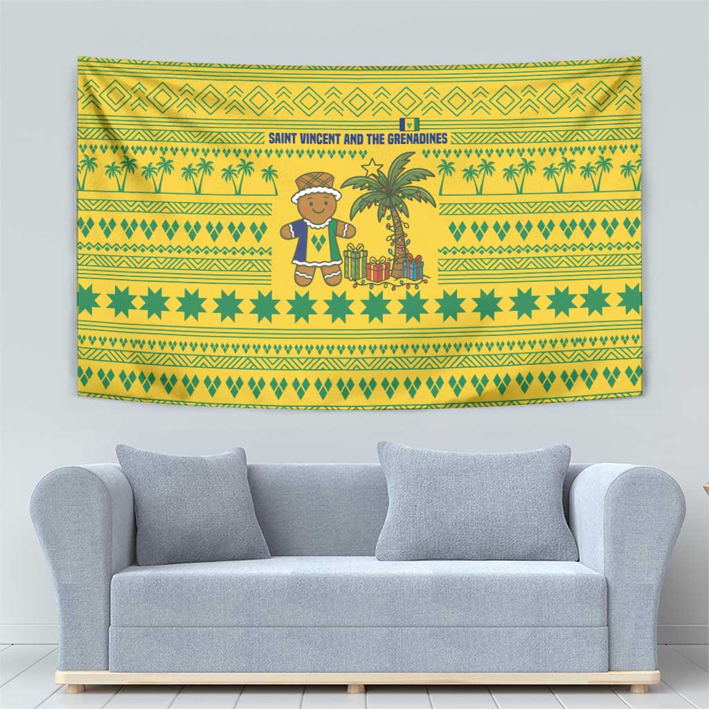 Saint Vincent and the Grenadines Christmas Tapestry with Gingerbread Boy Palm Tree and Traditional Pattern - Wonder Print Shop