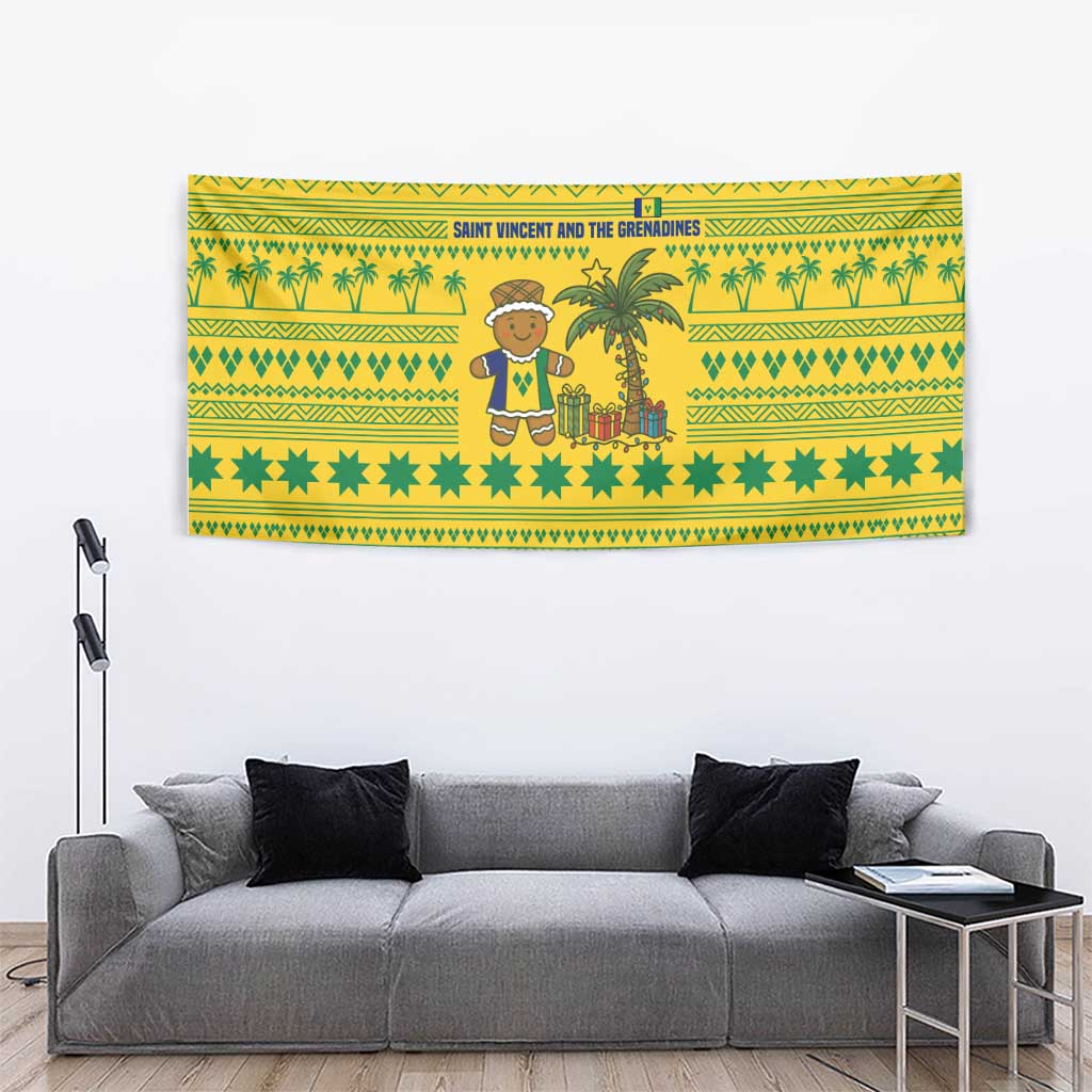 Saint Vincent and the Grenadines Christmas Tapestry with Gingerbread Boy Palm Tree and Traditional Pattern - Wonder Print Shop