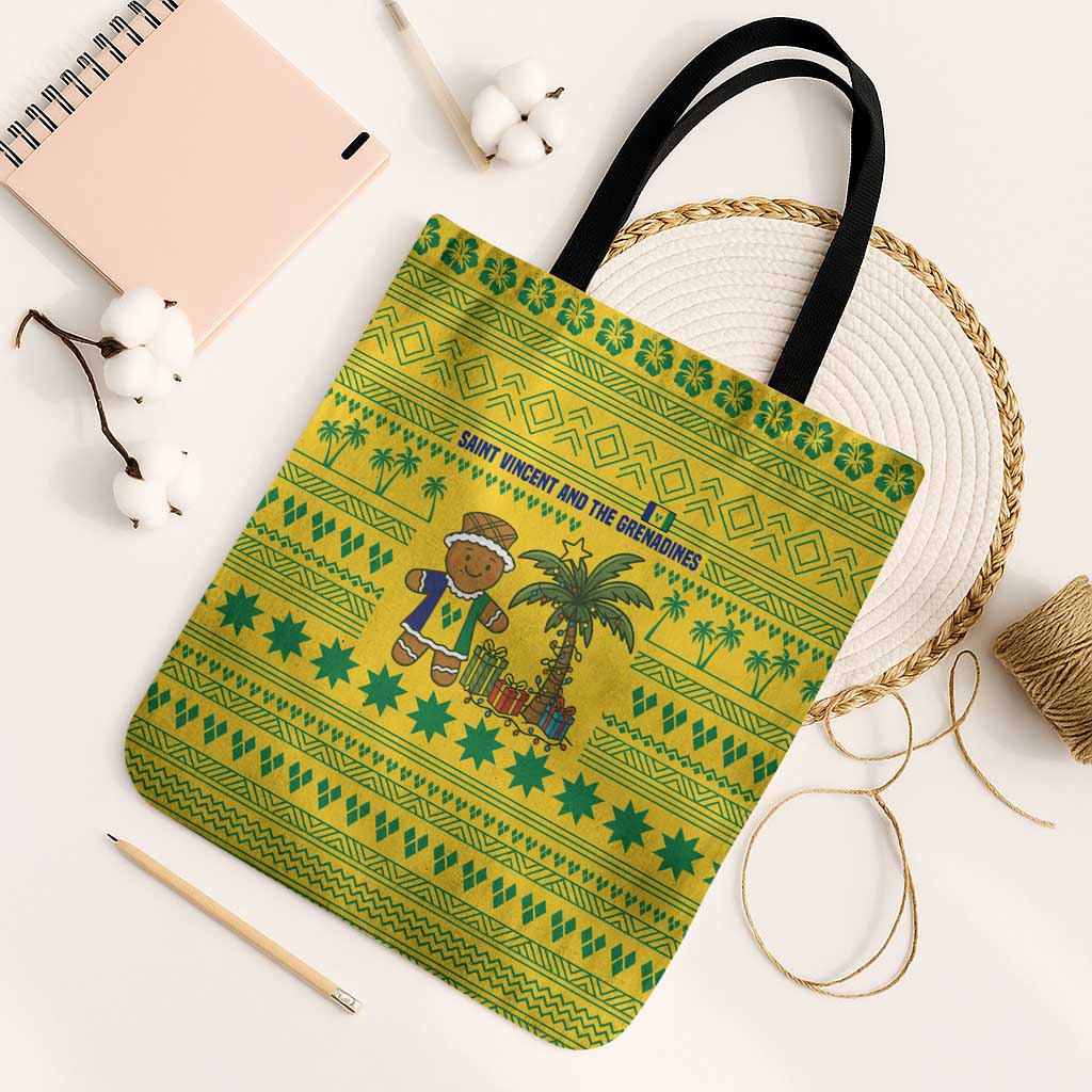 Saint Vincent and the Grenadines Christmas Tote Bag with Gingerbread Boy Palm Tree and Traditional Pattern - Wonder Print Shop