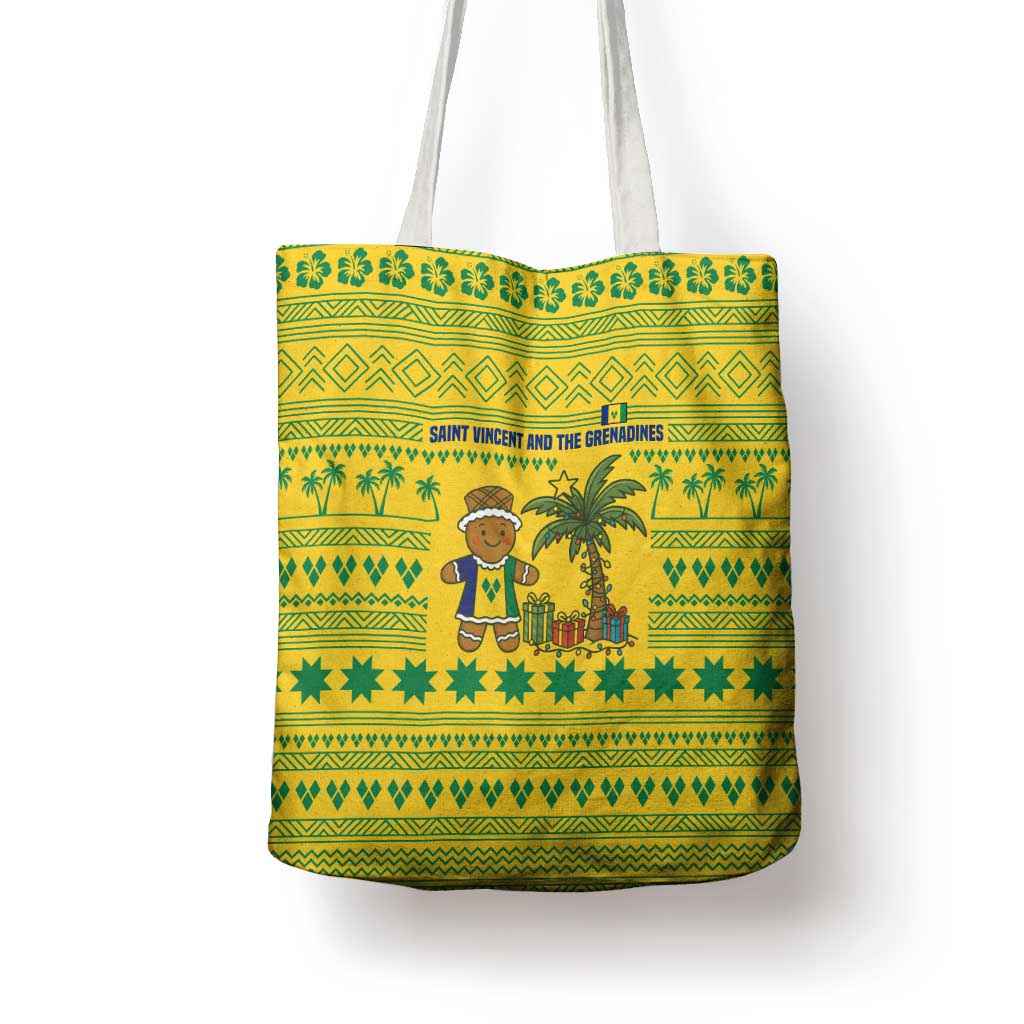 Saint Vincent and the Grenadines Christmas Tote Bag with Gingerbread Boy Palm Tree and Traditional Pattern - Wonder Print Shop