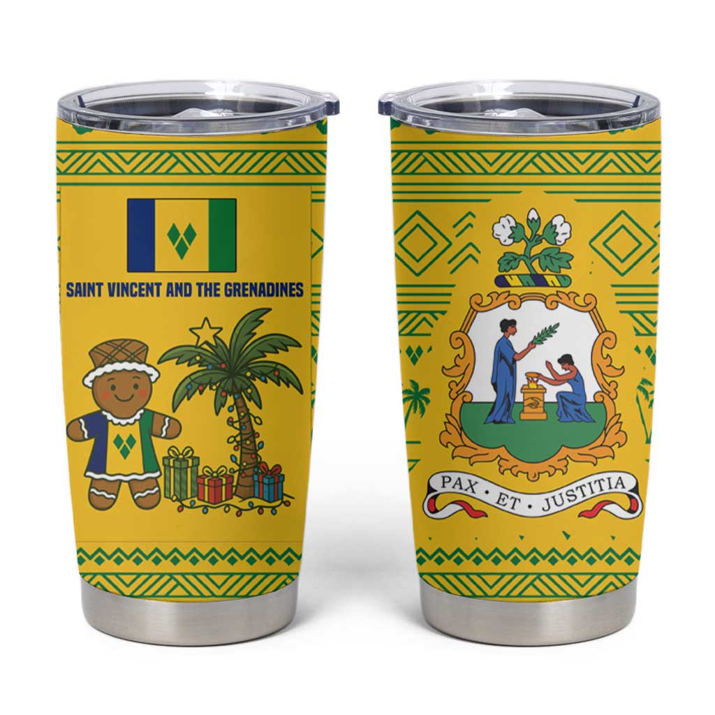 Saint Vincent and the Grenadines Christmas Tumbler Cup with Gingerbread Boy Palm Tree and Traditional Pattern - Wonder Print Shop