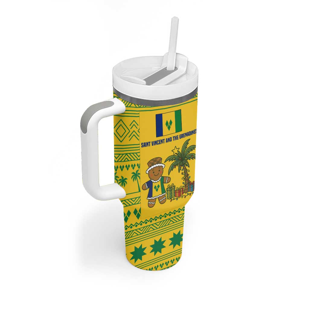 Saint Vincent and the Grenadines Christmas Tumbler With Handle with Gingerbread Boy Palm Tree and Traditional Pattern - Wonder Print Shop