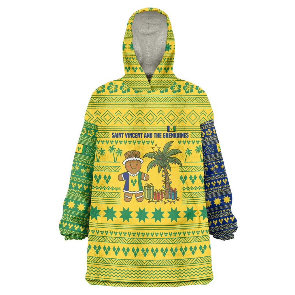 Saint Vincent and the Grenadines Christmas Wearable Blanket Hoodie with Gingerbread Boy Palm Tree and Traditional Pattern - Wonder Print Shop