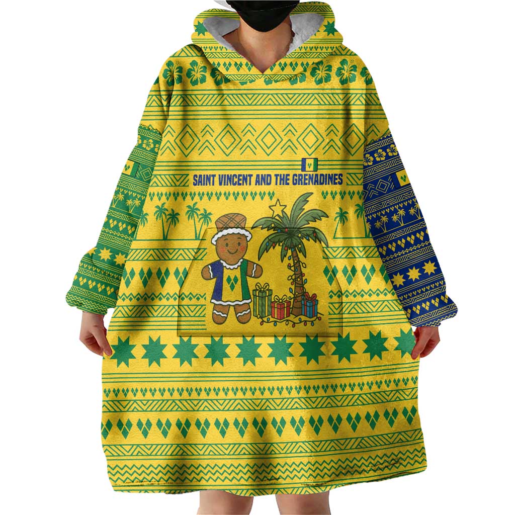 Saint Vincent and the Grenadines Christmas Wearable Blanket Hoodie with Gingerbread Boy Palm Tree and Traditional Pattern - Wonder Print Shop