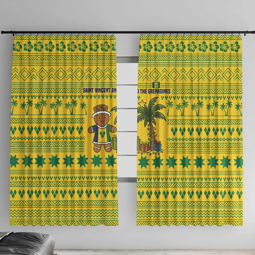 Saint Vincent and the Grenadines Christmas Window Curtain with Gingerbread Boy Palm Tree and Traditional Pattern - Wonder Print Shop