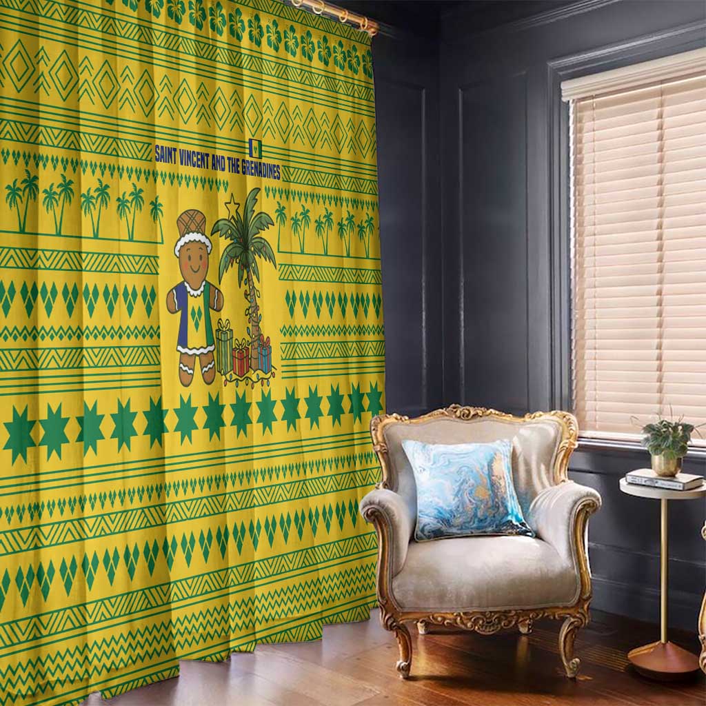 Saint Vincent and the Grenadines Christmas Window Curtain with Gingerbread Boy Palm Tree and Traditional Pattern - Wonder Print Shop