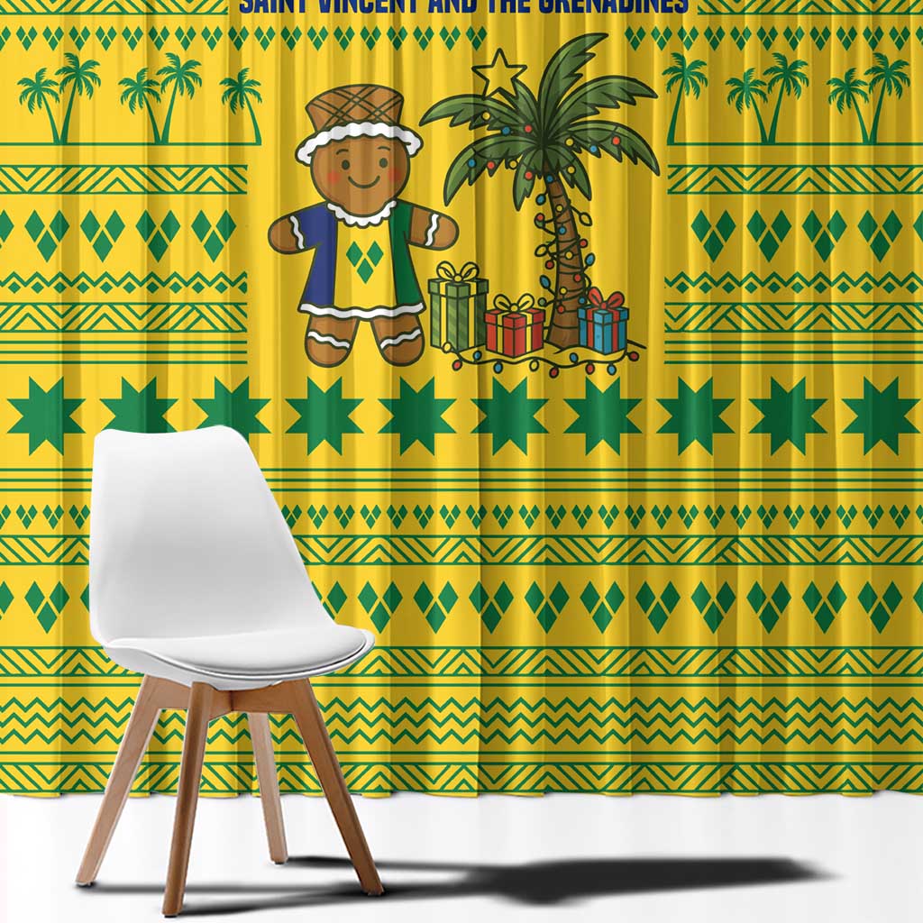 Saint Vincent and the Grenadines Christmas Window Curtain with Gingerbread Boy Palm Tree and Traditional Pattern - Wonder Print Shop