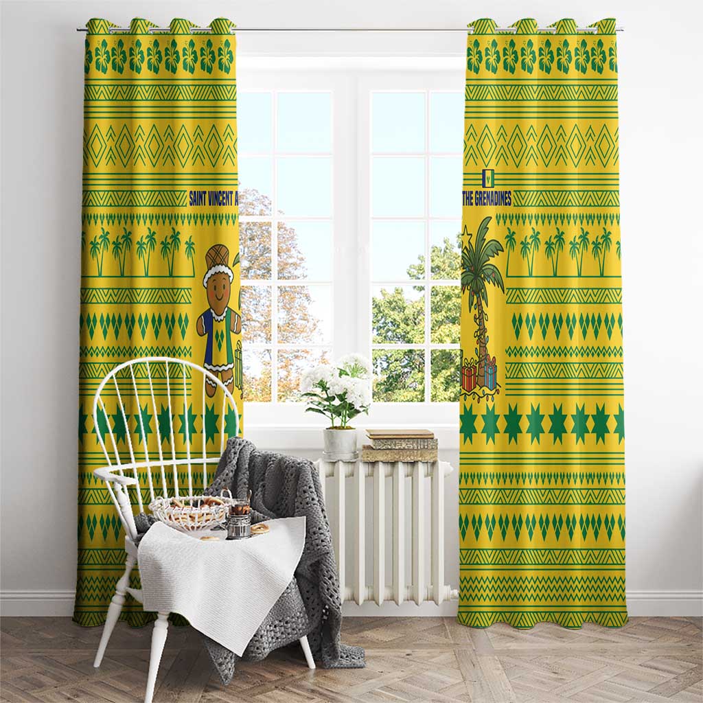 Saint Vincent and the Grenadines Christmas Window Curtain with Gingerbread Boy Palm Tree and Traditional Pattern - Wonder Print Shop