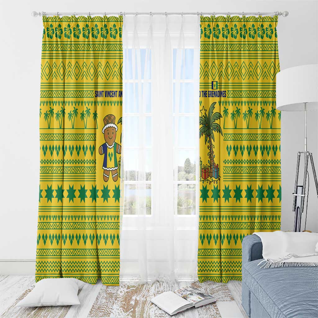 Saint Vincent and the Grenadines Christmas Window Curtain with Gingerbread Boy Palm Tree and Traditional Pattern - Wonder Print Shop
