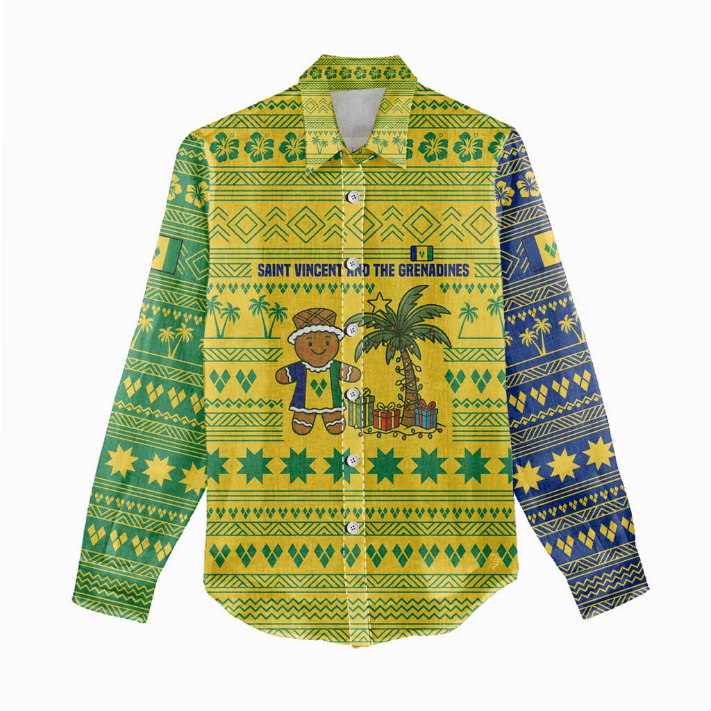 Saint Vincent and the Grenadines Christmas Women Casual Shirt with Gingerbread Boy Palm Tree and Traditional Pattern - Wonder Print Shop