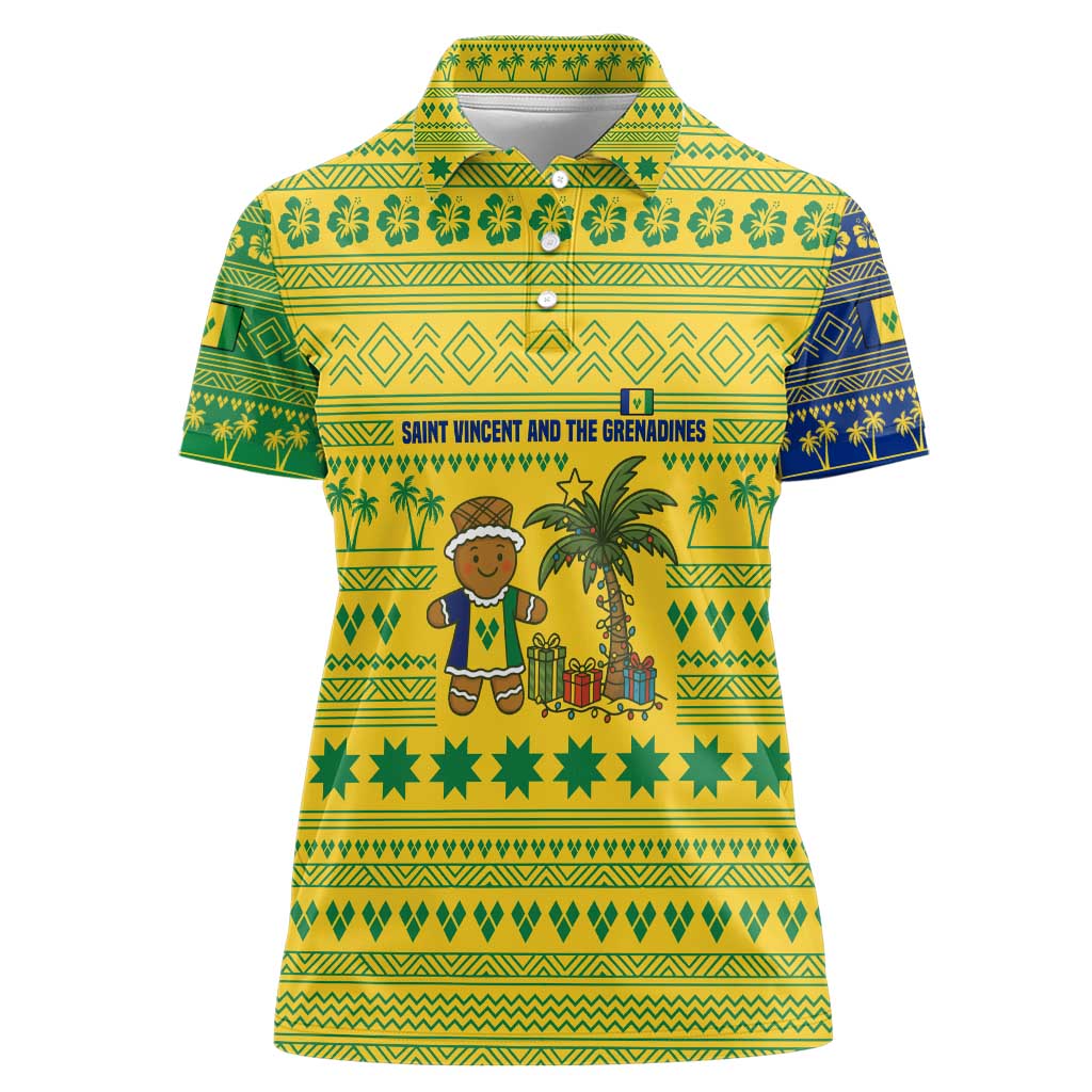 Saint Vincent and the Grenadines Christmas Women Polo Shirt with Gingerbread Boy Palm Tree and Traditional Pattern - Wonder Print Shop
