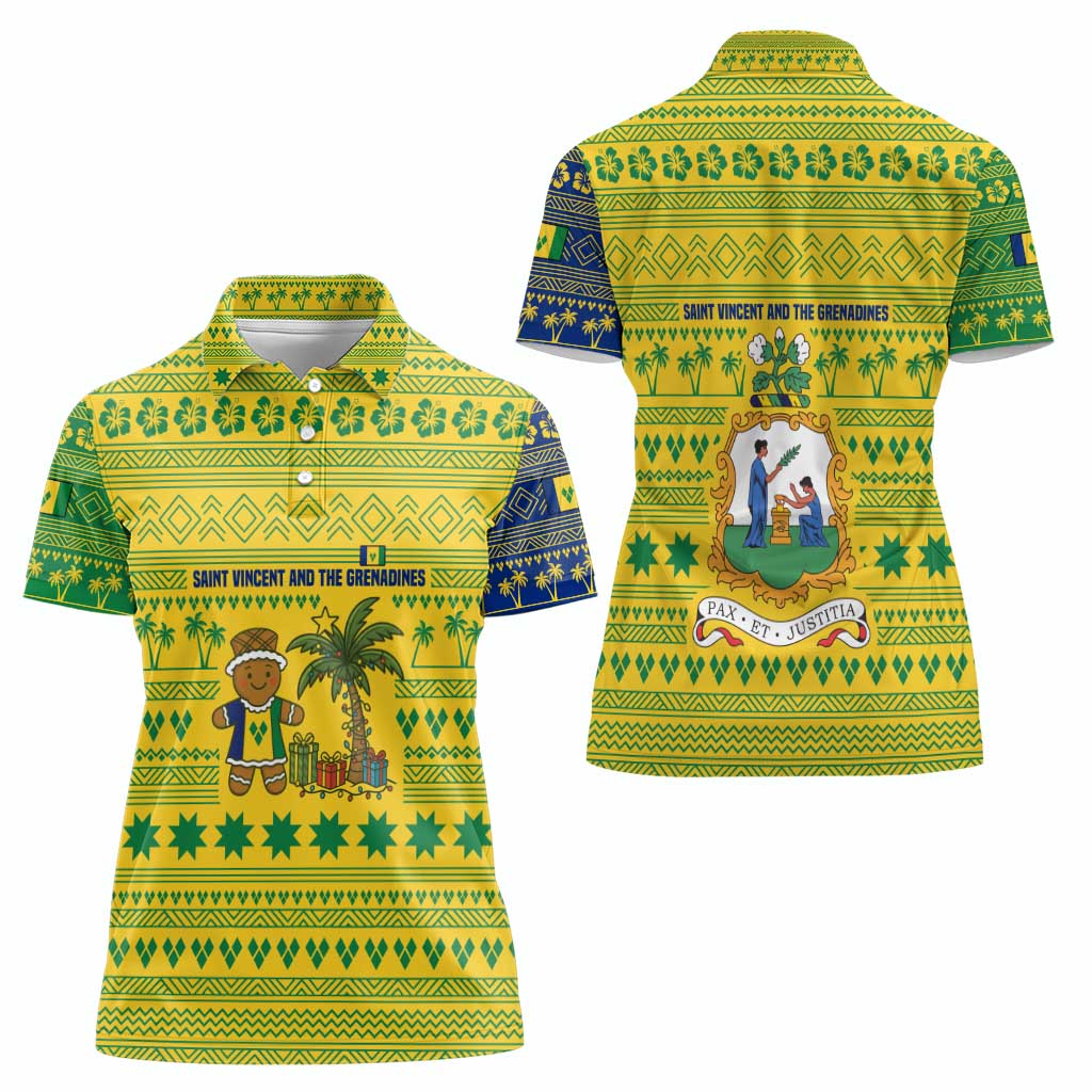 Saint Vincent and the Grenadines Christmas Women Polo Shirt with Gingerbread Boy Palm Tree and Traditional Pattern - Wonder Print Shop