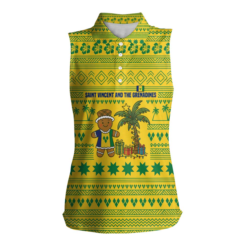 Saint Vincent and the Grenadines Christmas Women Sleeveless Polo Shirt with Gingerbread Boy Palm Tree and Traditional Pattern - Wonder Print Shop