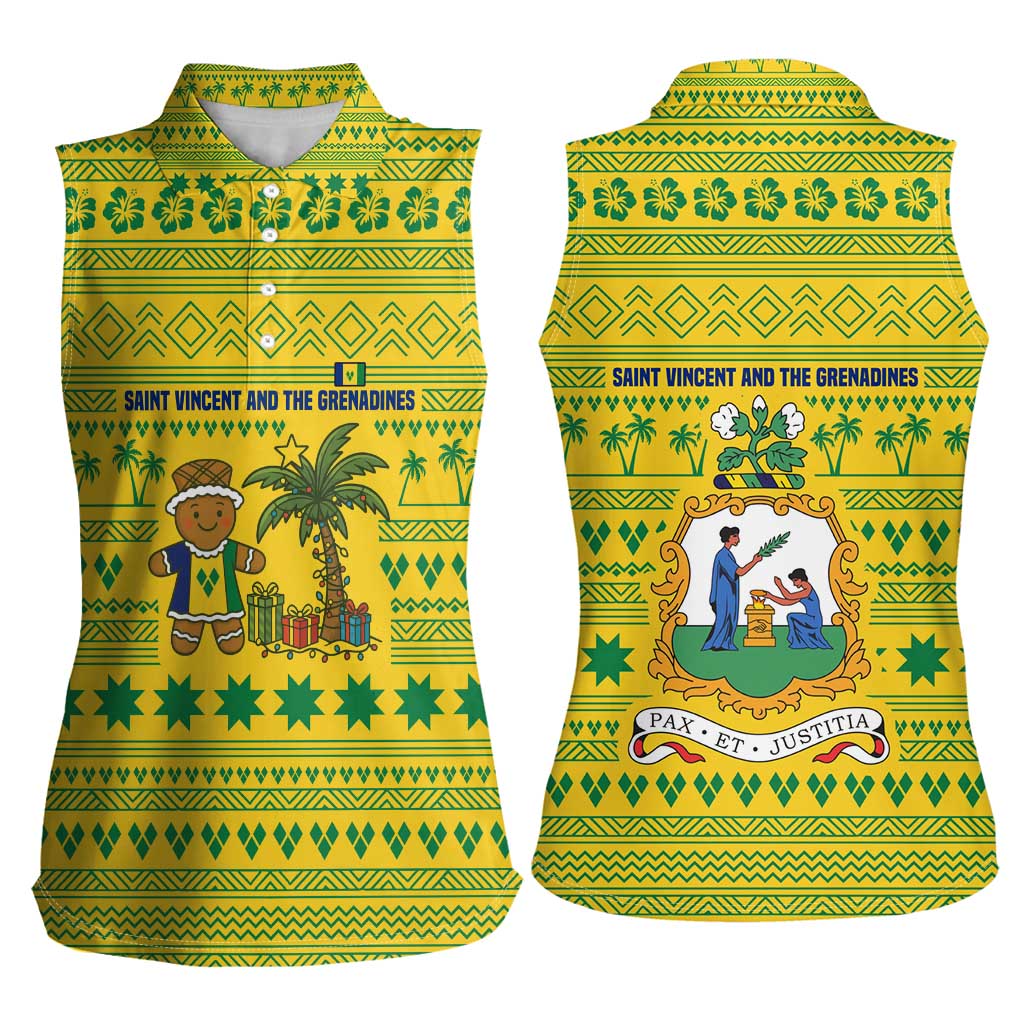 Saint Vincent and the Grenadines Christmas Women Sleeveless Polo Shirt with Gingerbread Boy Palm Tree and Traditional Pattern - Wonder Print Shop