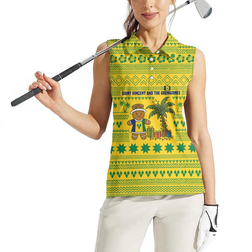 Saint Vincent and the Grenadines Christmas Women Sleeveless Polo Shirt with Gingerbread Boy Palm Tree and Traditional Pattern - Wonder Print Shop